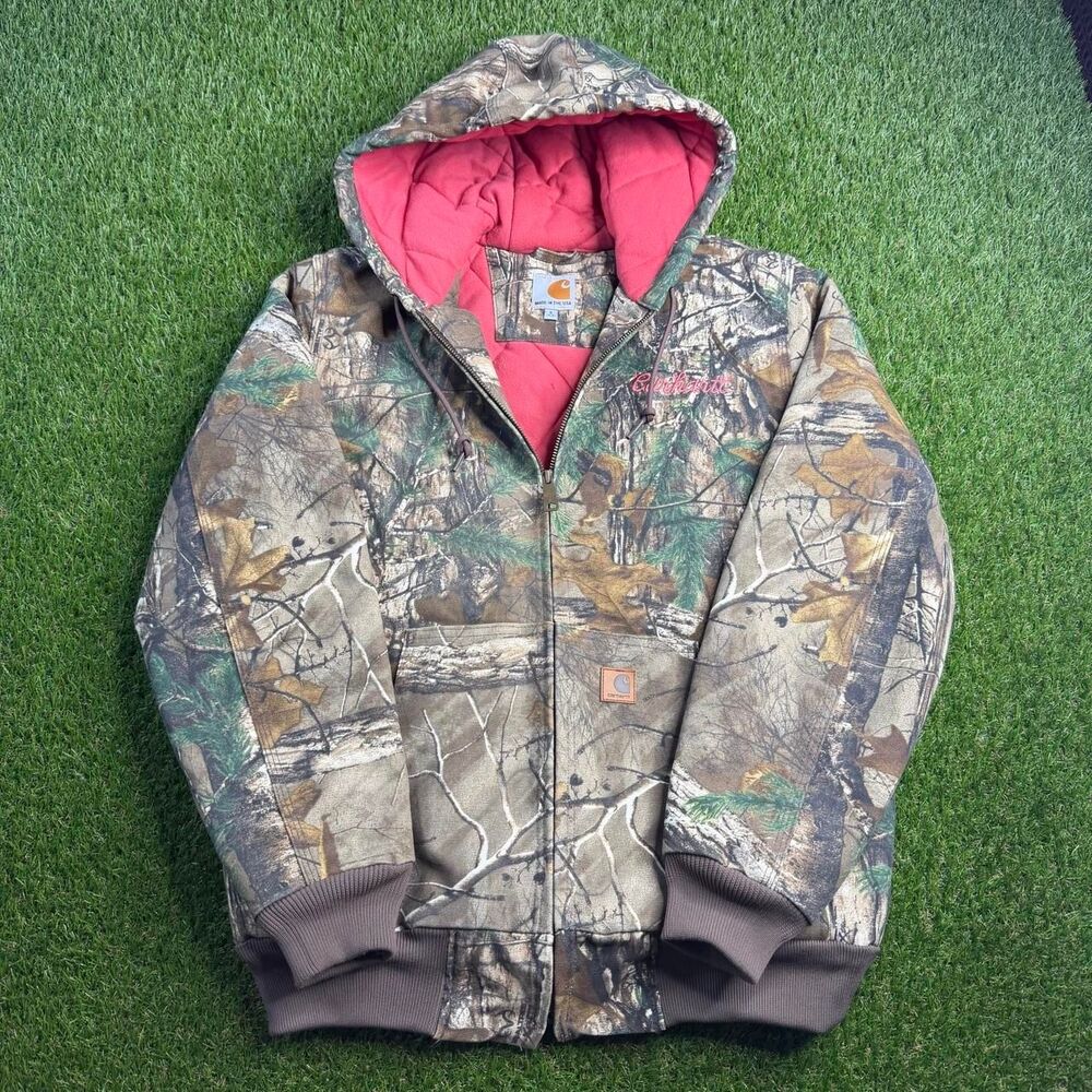 Carhartt Camo Jacket Womens Small Hoodie Pink Quilted Lined Realtree Outdoors